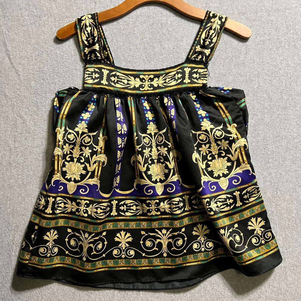 ECI New York Womens Chic Boho 2P Baroque Print Satin Tank Top Blouse Black